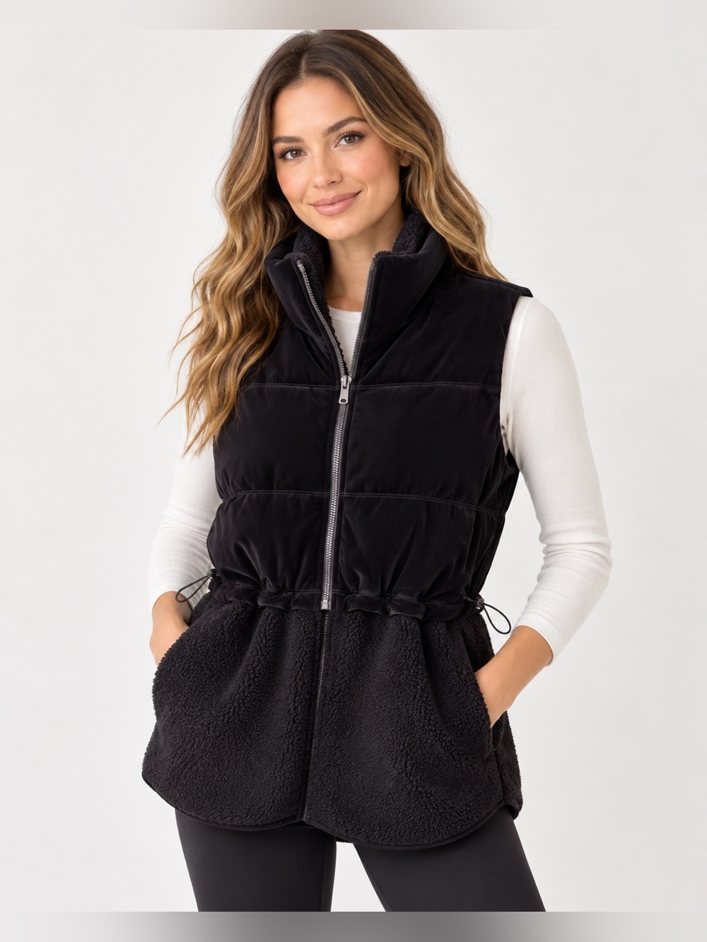 SPANX Velour Lux Fleece Vest Very Black Size L NWT Sherpa Zip Up